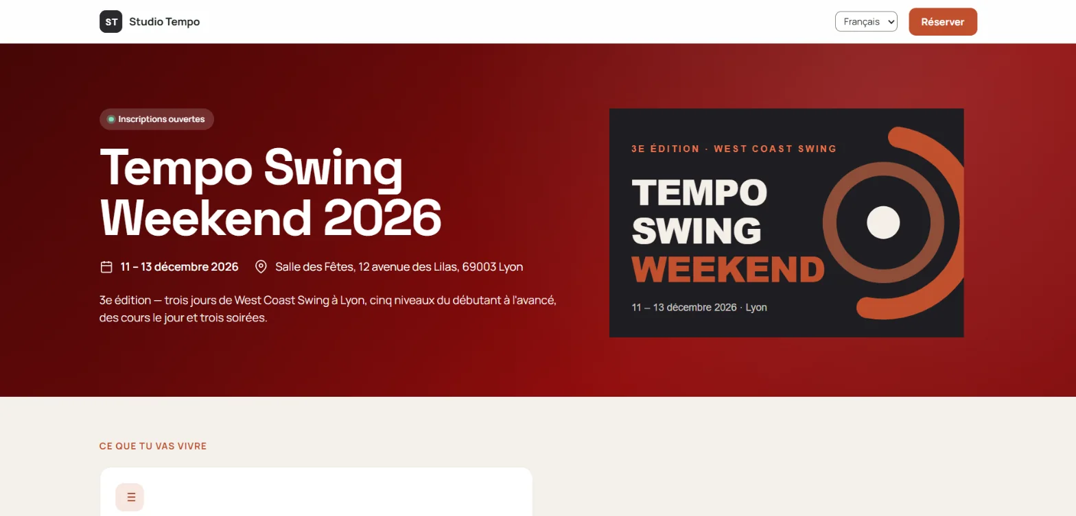 La page publique d'un week-end de west coast swing fictif, avec son affiche et le bouton Réserver.