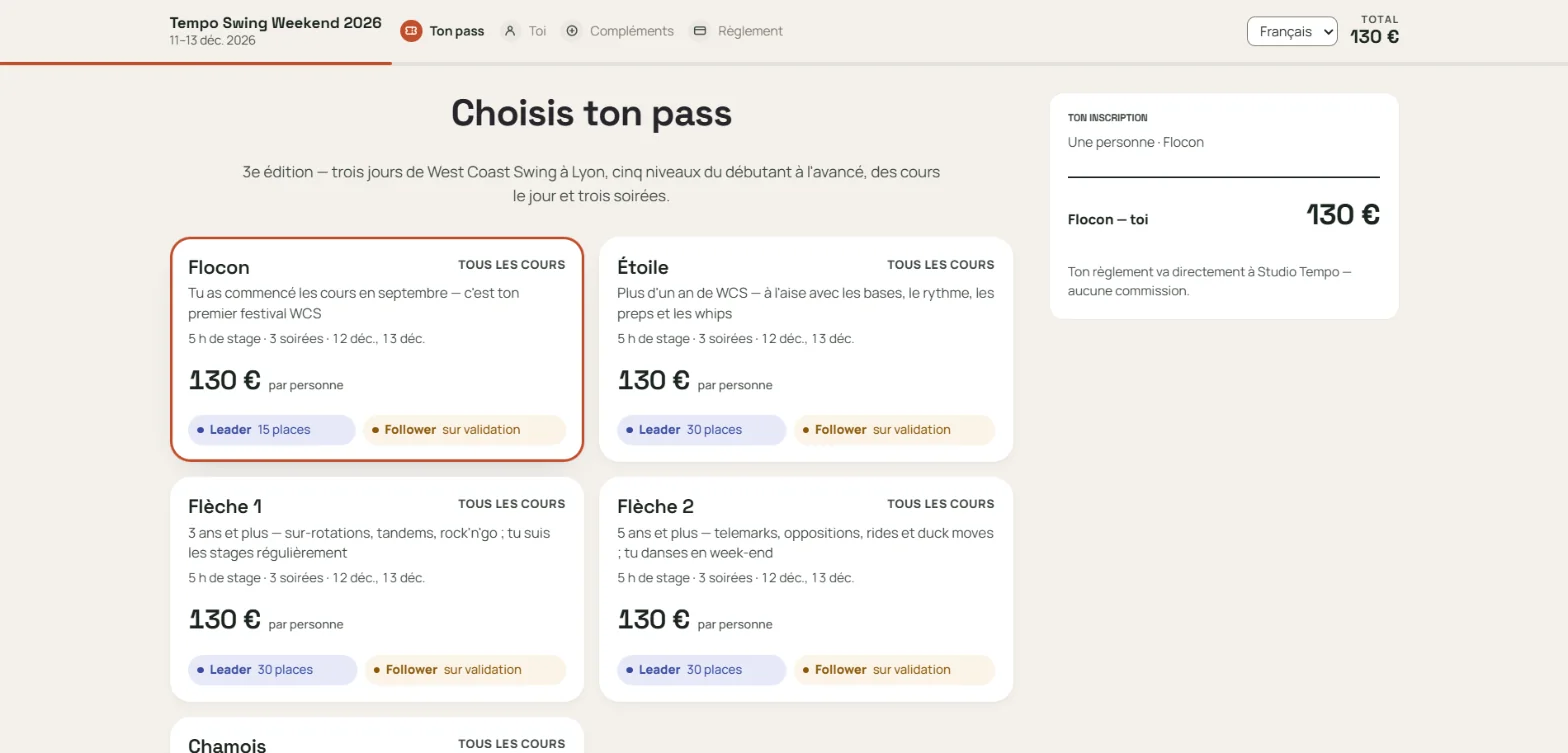 Le choix du pass d'un week-end de west coast swing, avec les places leader et follower.