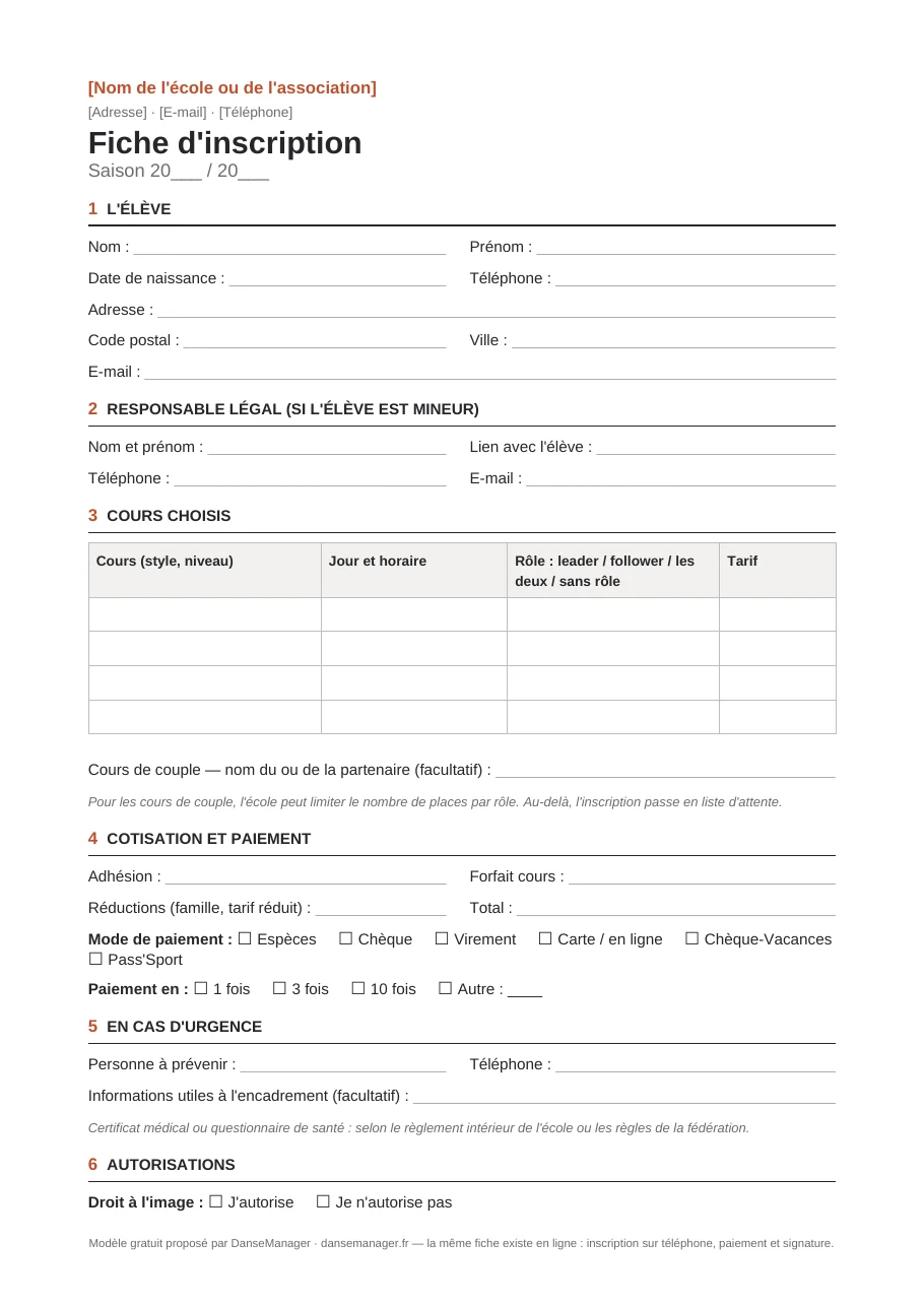 Aperçu de la première page du modèle de fiche d'inscription pour école de danse.