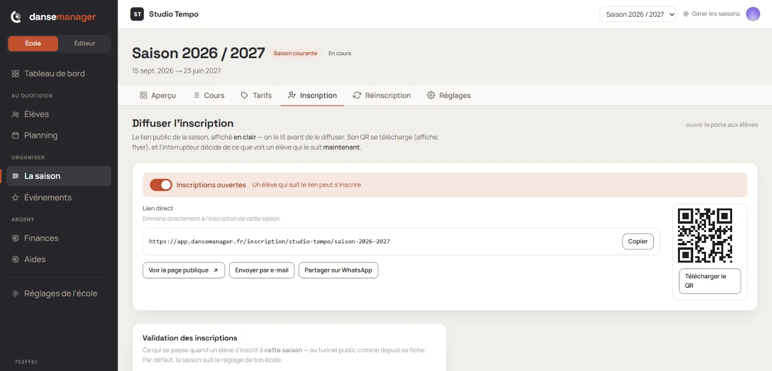 Le lien d'inscription de la saison, avec son QR code et le partage par e-mail ou WhatsApp.