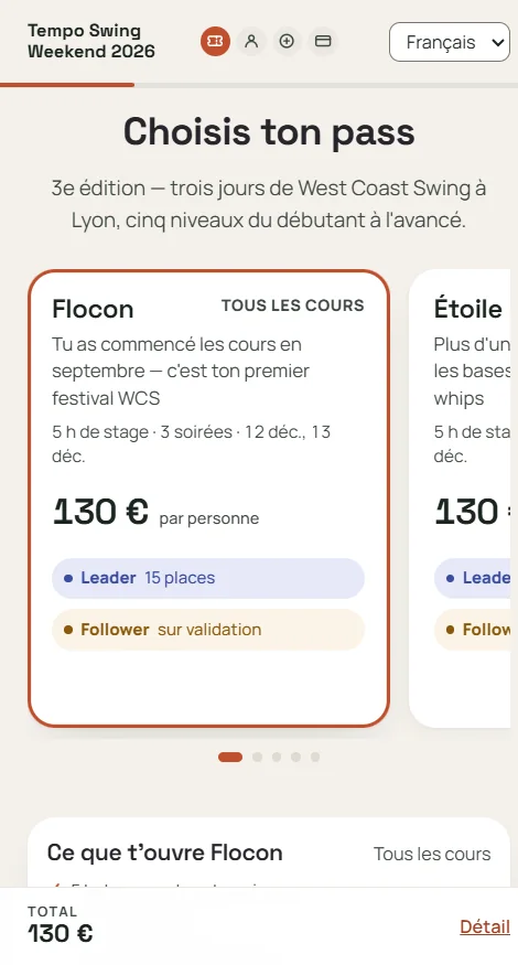 Le choix du pass d'un festival sur téléphone, avec les places leader et follower.