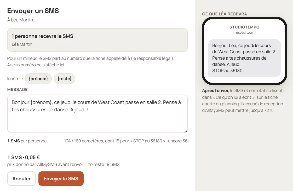 La fenêtre d'envoi d'un SMS depuis la fiche d'une élève : le message, son prix et l'aperçu de ce qu'elle recevra.
